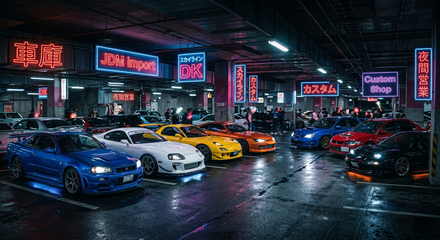 JDM cars lined up in a neon-lit garage