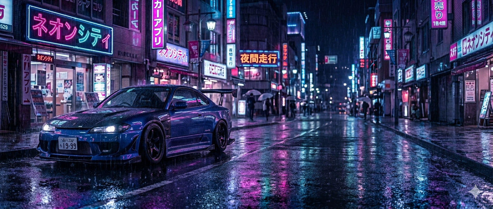 Neon Tokyo street with a JDM car